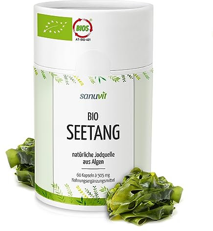 Sanuvit® - Bio-Seetang 500 mg | Biologische Algen, Bio Kelp | Hochdosiert mit 335 µg Jod pro Kapsel | Hohe Bioverfügbarkeit | Qualität aus Österreich | Vegan | 60 Kapseln