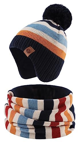 XIAOHAWANG Baby Strickmütze Winter Babymütze Junge Warme Kindermütze Junge Beanie Mütze Dicke Wintermütze für Herbst,Winter (Streifen(Hut+Schal), 2-4Jahren)
