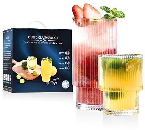 ISMASOAN Small Ribbed Glassware Set of 12, Glass Cups 12 oz and 7 oz, Fluted Glassware, Stackable Glasses, Cups for Kitchen, Gift Box Set