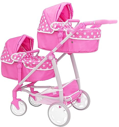 Dolly Tots Twin Pushchair | Pink Polka Dot Double Pushchair | Double Dolls Pram with Adjustable Height Handle And Multiple Seat Options | Suitable For Ages 3+