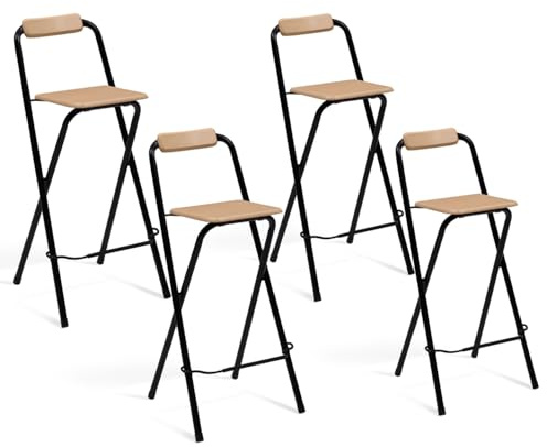 IDMarket - Set von 4 Barhockern Detroit klappbar Schwarze Struktur mit Sitzfläche mit Holzeffekt Industriedesign