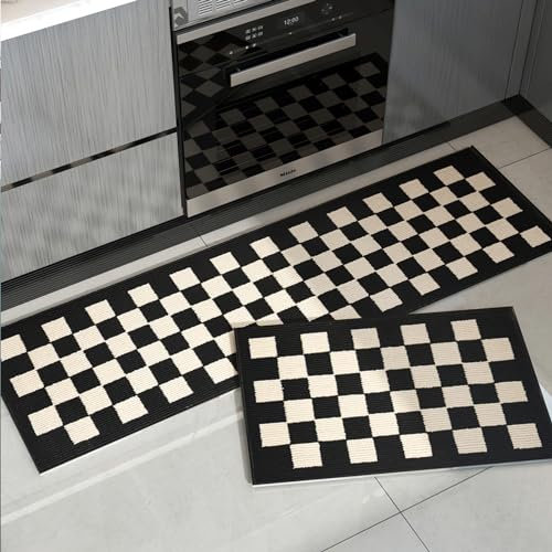 APROPHIC Teppich Küche 2 Stück, Schwarz Küchenteppich, Läufer Küche, rutschfeste Teppich Küche, Saugfähige Bodenmatte, Waschbar, Eingangsteppich, Flur, 45 x 70 cm + 45 x 120 cm