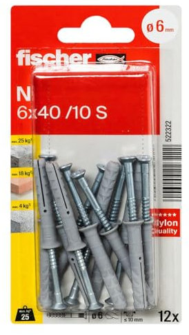 Fischer - Chevilles à frapper collerette plate - 12 chevilles à frapper N Ø6 x 40 mm collerette plate et clou tête fraisée pour structures en bois -