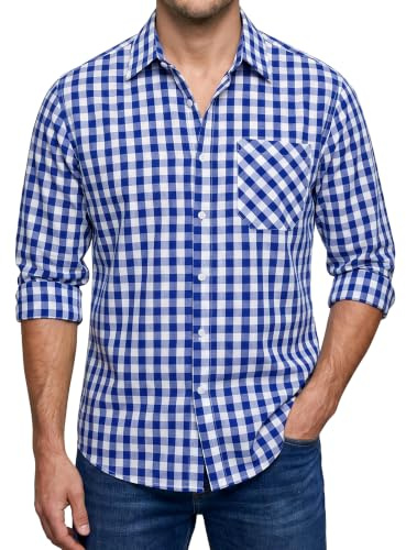 Enlision Chemise à Carreaux Homme Manches Longues Bleu et Blanc Traditionnelle Costume Oktoberfest Homme Bavaroise Boutonnées Décontractées Chemises Bûcheron avec Poches Coupe Régulière S