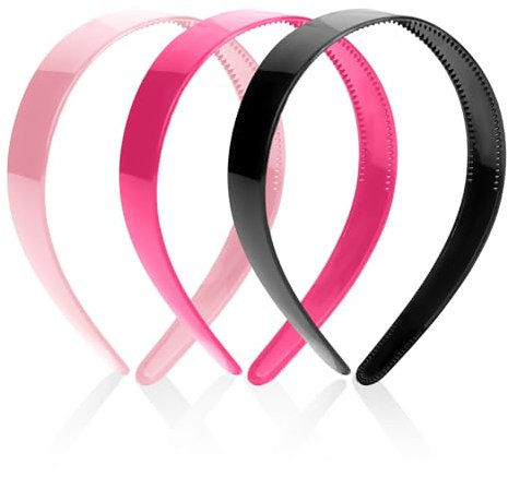 KALIONE 3 cerchietti per capelli a tinta unita, larghi 2,5 cm, in plastica dura, con denti, antiscivolo, per donne e ragazze, accessori per capelli (rosa, rosso rosa, nero)