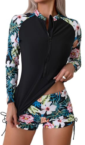 Owntop 2-teiliger Rash Guard Damen, Langarm Badeanzüge UV UPF 50+ Schwimmshirt, Reißverschluss Rash Weste, Blumen Bademode mit Hoch Tailliertem Boyshort Unterteil zum Schwimmen Surfen, Schwarz M