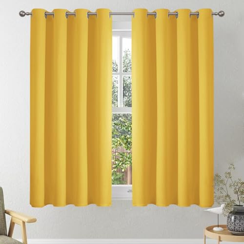 VEHEDE Cortinas opacas con ojales, cortinas térmicas, protección térmica, opacas, para salón, 137 x 140 cm, amarillo mostaza, juego de 2 unidades