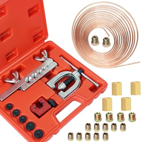 Poweka Kit D’Outils de Conduites De Frein，Kit D’Outils de Torchage Double et Simple，7,6 m 4.7 mm Kit Reparation Conduite Rigide de Frein avec 16 Raccords de Tuyau de Frein et 4 Vissages
