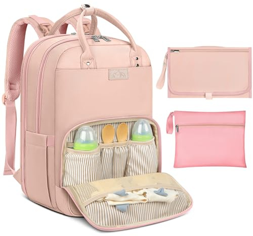 RAINSMORE Mochila Carro Bebé con Pañaleras Multifuncional Cambiador Plegable y Correas Rosa