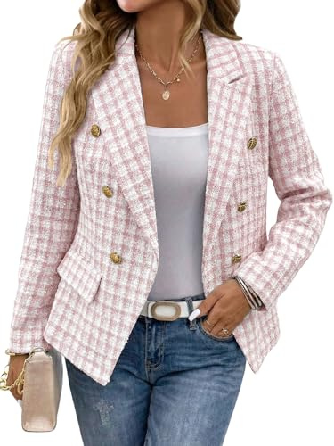Mina Self Plaid Blazer Jacket for Women 2025 Fall Houndstooth Pink Woman Oversized Plus Size Sweaters Womens Blazers Christmas Outfit Tweed Fashion Long Trendy Cute Women's Suit Jackets