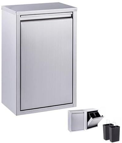 Burcgina 16L Tilt Out Trash Cabinet, Double Stainless Steel Pull-Out Trash Drawer Commercial Trash Bin with 2 Trash Wastebasket for BBQ Island Grill Station, Silver