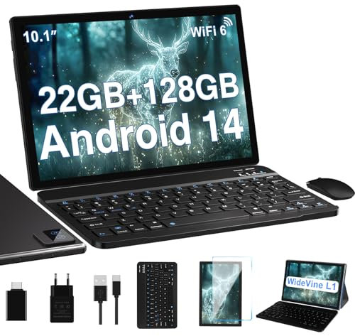 BIEGEDY Tablet 10 Zoll Octa-Core, 22 GB RAM+128 GB ROM (TF 2 TB),8000mAh丨Widevine L1丨GMS丨5G WLAN 6丨5MP+8MP丨Bluetooth 5.0丨1280 * 800丨Metallabdeckung Tablet mit Tastatur Maus Schwarz