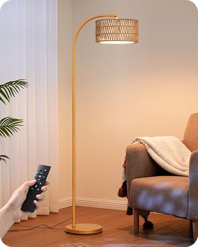 EDISHINE Stehlampe Wohnzimmer Dimmbar, Bogenlampe mit magnetischer Fernbedienung und Fußschalter, Vintage Stehleuchte mit seilgewebtem Lampenschirm, Drehbarer Lampenkopf, inkl. 9W LED-Birne, Gold