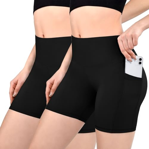 Sanpetix Pantalones cortos de ciclismo para mujer con bolsillos, cintura alta, pantalones cortos de deporte para gimnasio, Negro , XXL