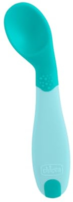 Chicco ESSLERNLÖFFEL, ANGEWINKELT, klein und leicht, mit abgewinkelter Form und ergonomischem Griff zum Selbstfüttern 8+ Monate, Hellblau