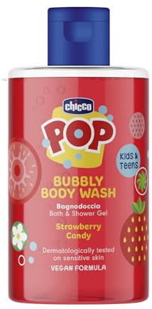 Chicco POP Bubbly Duschbad Strawberry Candy, Duschtvål för barn, doftande duschtvål, Delikat Badrum, Vegansk formel, 300 ml