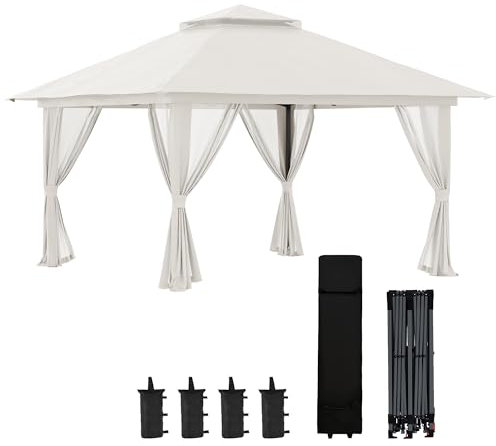 Outsunny Pavillon 4x4m Stabil Winterfest Pop-up Gartenpavillon mit Doppeldach, UV Schutz 50+ Partyzelt Gartenzelt mit 4 Seitenteilen Tasche Sandsäcke für Camping Garten Festival, Cremeweiß