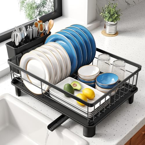 SNTD Dish Drying Rack - Space-Saving Dish Rack for Kitchen Counter, Stainless Steel Dish Drainer with Utensil Holder and Drainboard, 11 W x 15 L (Black)