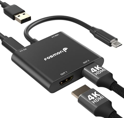 Fosmon USB C to Dual HDMI Adapter, 4-in-1 HDMI Splitter for 2 Monitors Extended Display with 100W PD Charger, Supports 4K@60Hz Dual 4K@30Hz for MacBook Air/Pro, Dell XPS Surface