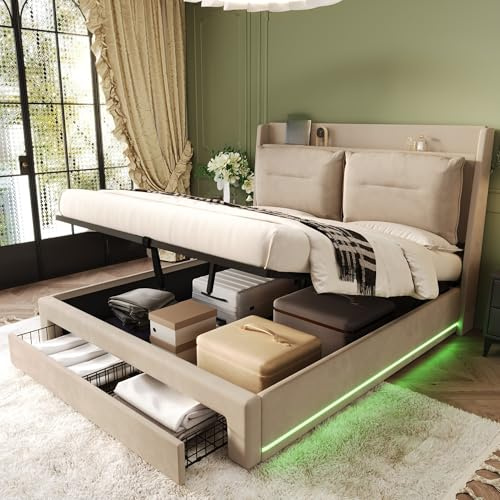 LAKFEW Camas Matrimoniales Cama 160x200 cm con LED y Almacenamiento Hidráulico, Cama Matrimonio con Cajón de Almacenamiento 2 en 1, Cama Doble con Cabecero Tapizado, Beige, Sin Colchón