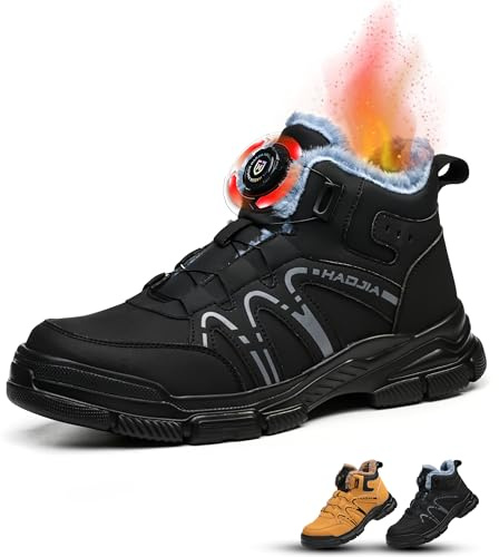 BOKRYE Winter Steel Toe Safety Boots Thermal Work Boots for Men's Womens Lightweight Ankle High Safety Trainers Waterproof Upper Safety Shoes Slip-Resistant Sole (Win.Black,4 UK)