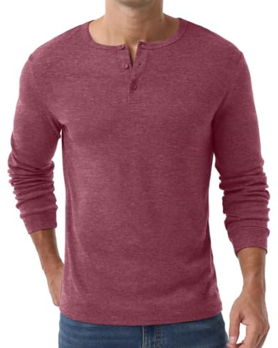 PrinStory Henley T-shirt för män långärmad pullover slim fit t-shirt v-ringad jumper topp med knapp