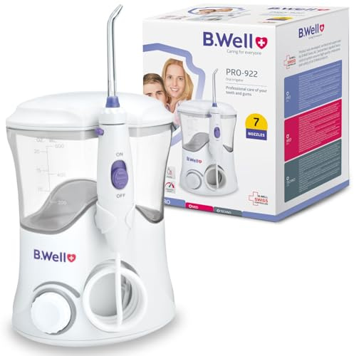 B.Well Swiss PRO-922 - Doccia orale stazionaria con 10 modalità di funzionamento, 7 ugelli con rotazione a 360°, serbatoio acqua da 600 ml, piedini antiscivolo, modalità impulso e funzionamento a rete