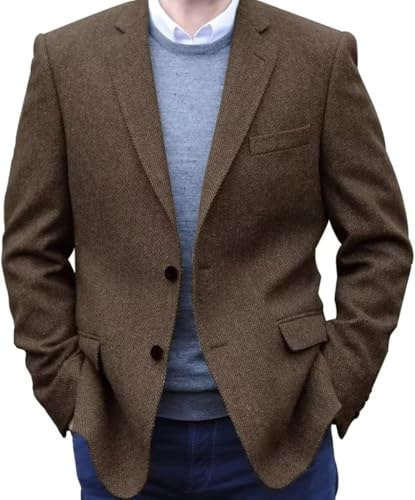 Mrbuerly Mens Herringbone Tweed Blazer Men Vintage Suit Jacket Lightweight 2 Button Brown Business Sport Coat Jackets XXXL