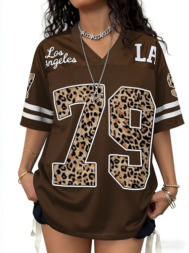 Plameil Women Y2K Tops Oversized Jersey Shirts Mens Graphic Number T-Shirts Streetwear Football (Brown Leopard, M)