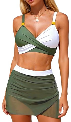 EOAMGO Women's Bikini Set, Two Piece Bikini Swimsuit Set with Twist Front V Neck Design, Adjustable Straps and Padded Support (UK, Alpha, XL, Regular, Regular, Green and White)