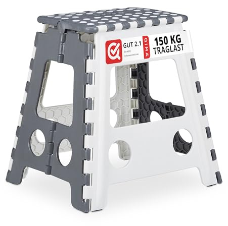 1 Taburete Plegable XL, 1 Escalón, Banqueta con Asa, para hasta 120 kg, Plástico, 39,5 x 38,5 x 32 cm, Gris y Blanco