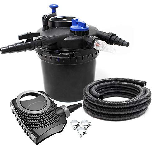 SunSun Kit complet: CPF-5000 Filtre de bassin à pression jusqu’à 9000 L avec 11 Watt lampe uv, NEO6000 SuperEco pompe 6000l/h 40W, 5m Tuyau 38 mm (1 1/2), collier de serrage W1 44-47mm