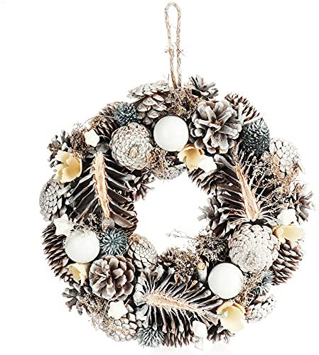 COM-FOUR® Türkranz Weihnachten - Adventskranz mit Zapfen, Kugeln und Blüten - Dekokranz - Weihnachtsdeko - Tischkranz - Weihnachtskranz (weiß + Creme Kugeln)