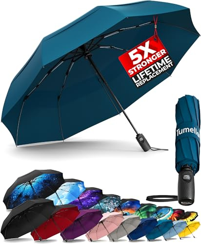 TUMELLA Strongest Windproof Travel Umbrella (Compact, Superior & Beautiful), Small Strong but Light Portable and Automatic Folding Rain Umbrella, Durable Premium Grip, Fits Car and Backpack