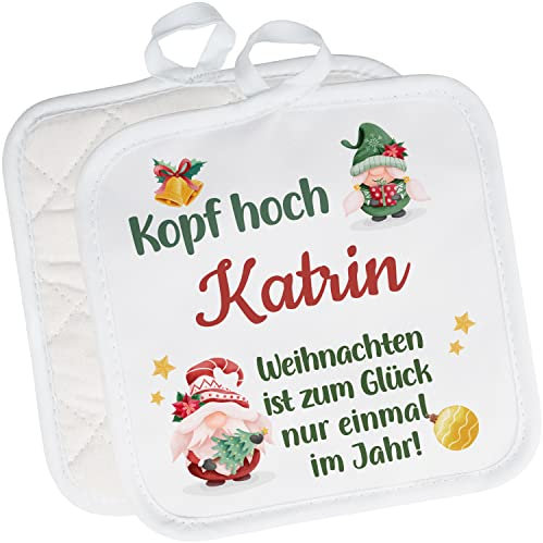2er Set Topflappen personalisiert „Kopf hoch Wunschname Weihnachten ist zum Glück nur einmal!“ – lustige Topf-Untersetzer mit Namen Ofenhandschuh Kochen – Geschenke für Frauen & Männer zu Weihnachten