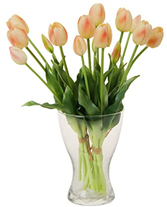 cn-Knight 20pcs Artificial Tulip Flowers,16 Inch Real Touch Tulip Stems with Faux Leaves, Faux Tulips and Buds for Home Décor Centerpiece Ornament Wedding Bouquet,Champagne