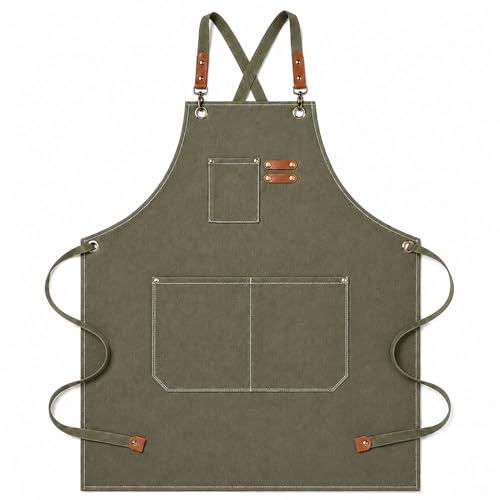 jiuzcare Delantal de Cocina para Hombre y Mujer, Tejido Oxford Verde Grisáceo con Correas Cruzadas Ajustables, 3 Bolsillos, Lavable a Máquina, para Barbacoa, Restaurante, Cafetería y Manualidades