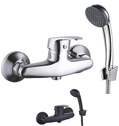 INGUZ | Grifo Ducha con Alcachofa de Mano | Con Cartucho Cerámico 35mm, Incluye Flexible | Grifo de Pared con Mezclador Monomando | Grifo Baño con Soporte Ducha Pared y Manguera Extensible, Cromo