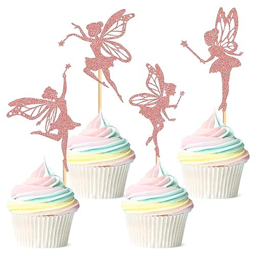 24 Stück Fee Cupcake Topper Blumen Fee Kuchen Topper Picks Mädchen Kuchen Topper Dekoration Feen Geburtstag Kuchen Topper Cupcake Topper für Kindergeburtstag Party Babyparty Dekoration