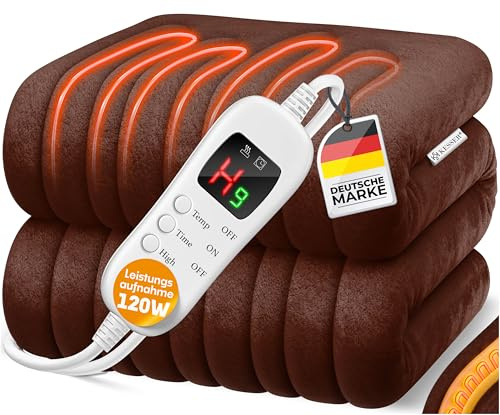 KESSER® Coperta Elettrica Peluche - 200x180 cm | Coperta elettrica riscaldante con timer a spegnimento automatico | 9 impostazioni di temperatura | Lavabile fino a 40°C | con Display - Marrone