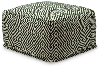 Signature Design by Ashley Abacy Casual Square Handwoven Pouf with Geometric Pattern, Green & Beige