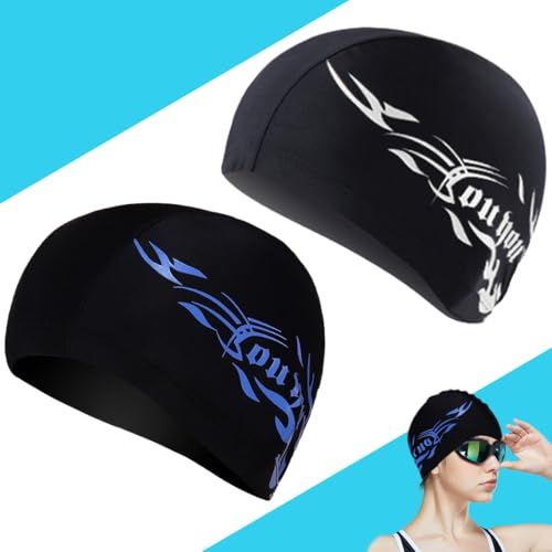 Bonnets de Bain Élastique，Bonnet de Natation en Tissu Polyester，Bonnet de Bain Piscine Natation pour Adulte，Bonnet de Natation pour Adulte Hommes Femmes（2 Pièces）