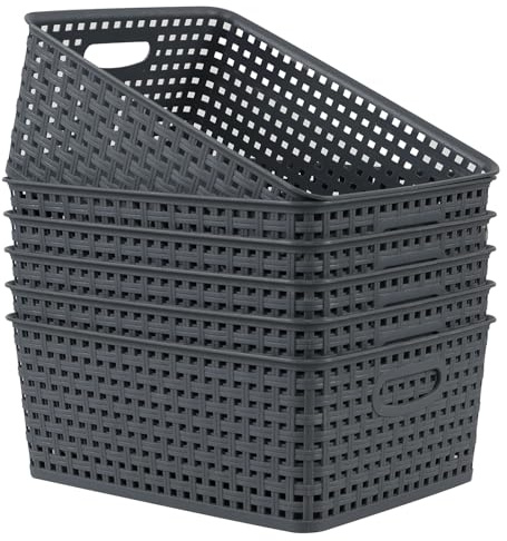Guankan 6-Pack Plastic Weave Storage Basket for Kitchen Cupboard, Grey | Organizer Baskert Box