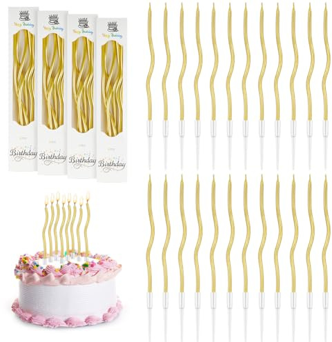 URAQT 24 Velas de Cumpleaños Retorcidas, Velas de Cumpleaños en Espiral en Soportes, Velas Metálicas Largas y Delgadas para Cupcakes para Cumpleaños, Bodas, Decoración de Fiestas,(Dorado)