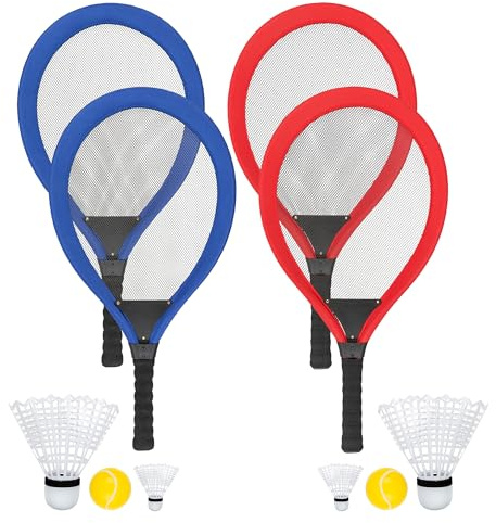 Idena 90956 - Juego de Softball de 2 Piezas con 4 Raquetas, 2 Pelotas de Plumas XXL y 4 Pelotas adicionales, Aprox. 67 cm, Ideal para el Verano en el jardín, el Parque o la Playa