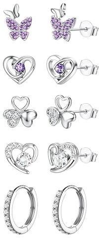 FIOROYAL 5 Paires Boucles d'Oreilles Argent 925 pour Femme Fille Hypoallergéniques Argent Sterling 925 Clous d’Oreilles Fleurs Coeur Papillon Bijoux Argent Femme FLY
