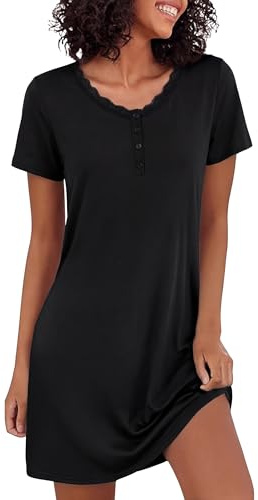 Bresdk Chemises de Nuit Femme avec Boutons Ouvert Devant Robe de Nuit Coton à Manches Courtes Été Confortable Doux Noir L