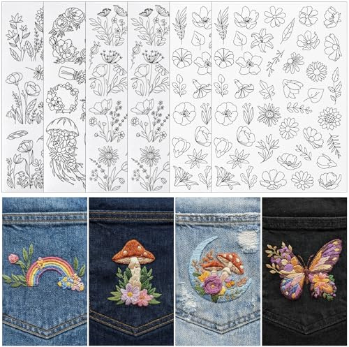 8 Feuilles 105 Pièces Modèles de Broderie Solubles dans l'Eau Autocollants, Papier Transfert Motifs Floraux, Broderie pour Débutants Amateurs de Couture DIY