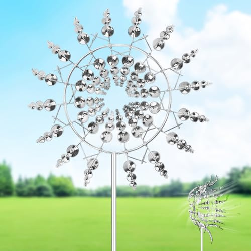 DASIAUTOEM Magische Windmühle, 3D Windrad Edelstahl, Windspiel Garten mit Gartenpfahl, Wind Spinner im Freien, 360° Dual Rotors kinetische Wind Spinner für Hof, Garten, Terrasse, Dekoration (Silber)
