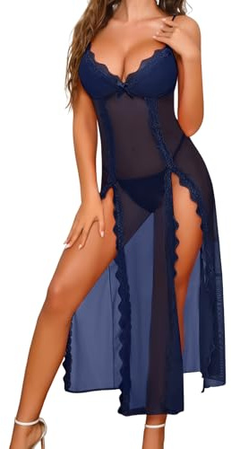 UMIPUBO Lenceria Mujer Sexy Babydoll de Encaje Cuello V Semi Transparente Slit Vestido Pijama Camisones de Novia Elegantes Conjunto